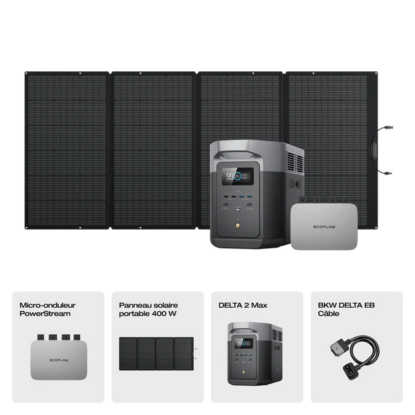 Station électrique portable EcoFlow Delta 2 Max et son panneau photovoltaïque EcoFlow 400watts ainsi que son Micro-onduleur Powerstream pour alimenter en énergie sa maison