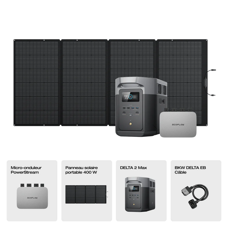 Station électrique portable EcoFlow Delta 2 Max et son panneau photovoltaïque EcoFlow 400watts ainsi que son Micro-onduleur Powerstream pour alimenter en énergie sa maison
