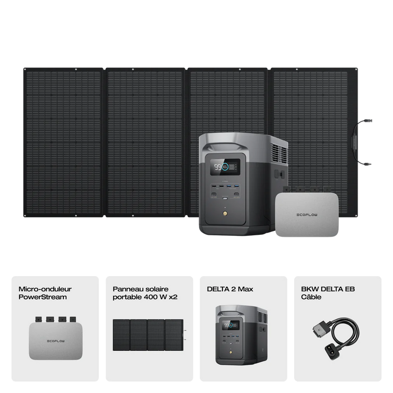 Kit complet Centrale électrique EcoFlow Delta 2 Max et son panneau solaire EcoFlow 400watts ainsi que son Micro-onduleur Powerstream pour alimenter en énergie sa maison