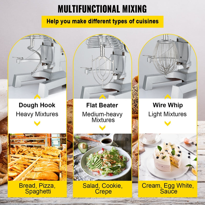 VEVOR Mélangeur Alimentaire à 3 Vitesses réglables, Mélangeur de Patisserie, Coupeur/Mixeur de Nourriture en Acier inoxydable, pour mélanger la pate/la patisserie Dans les boulangeries/les restaurants